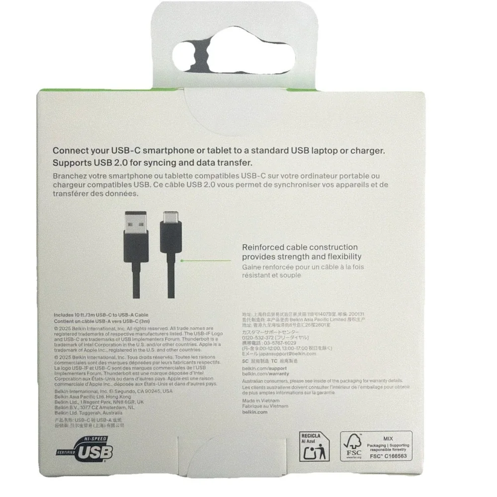 Belkin USB-C to USB-A White Cable (3M /10ft) for Apple/Samsung/Google/LG .‎